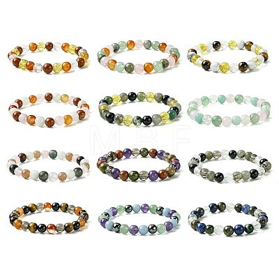 12Pcs 12 Styles Constellation Mixed Gemstone Round Beaded Stretch Bracelet Sets BJEW-JB10910-1