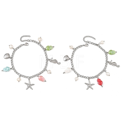 Porcelain Beads & Natural Cultured Freshwater Pearl Anklets SA-AJEW-AN00843-02-1
