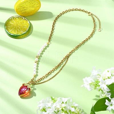 Acrylic Strawberry Pendant 304 Stainless Steel Mixed Chain Necklaces with Shell Pearl Beads NJEW-JN06114-02-1
