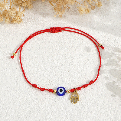Handmade Adjustable Blue Evil Eye Glass Braided Bead Bracelets with Stainless Steel Religion Hamsa Hand for Women KO5639-1-1