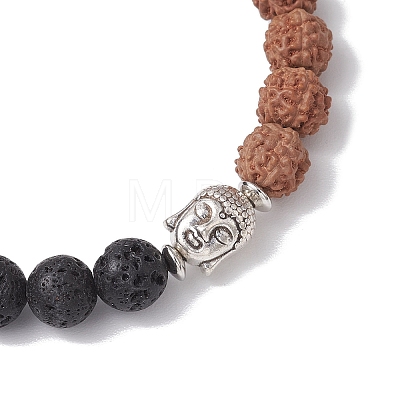 Round Natural Lava Rock & Natural Rudraksha Beaded Stretch Bracelets BJEW-TA00527-1