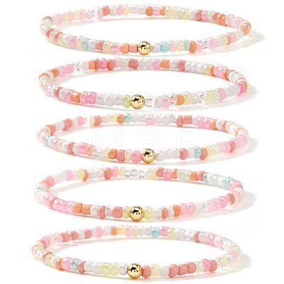 5Pcs Bohemian Glass Pearl & Brass Beaded Stretch Bracelets for Women ZZ9832-1-1