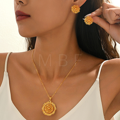 Vintage Brass Flower Stud Earrings & Pendant Necklaces Sets for Women BJ1568-1