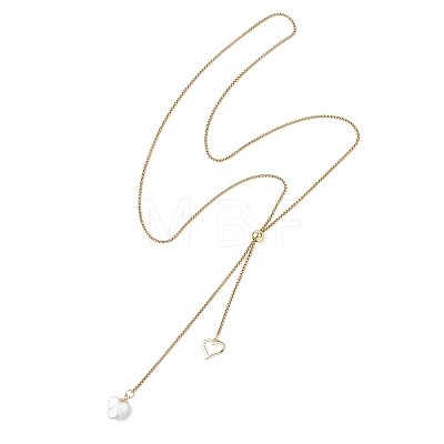 Adjustable Natural Keshi Pearl Heart Pendant 304 Stainless Steel Box Chain Lariat Necklaces NJEW-JN05947-1