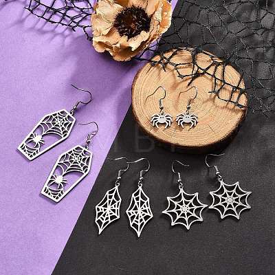 4 Pair 4 Style Spider & Coffin & Web 201 Stainless Steel Dangle Earrings EJEW-JE05238-1
