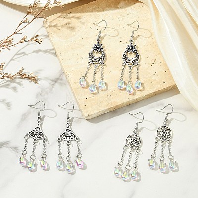 Glass Teardrop Tassel Chandelier Earrings EJEW-JE07177-1
