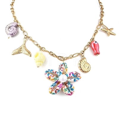 Printed Natural Cowrie Shell Colorful Flower & Ceramics Shell Shape Fish Pendant 304 Stainless Steel Chain Bib Necklaces for Women NJEW-A063-03G-1