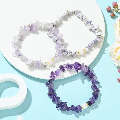 3Pcs 3 Styles Natural Mixed Gemstone Chip & Cultured Freshwater Pearl Beaded Stretch Bracelets Set for Women BJEW-JB13762-03-1