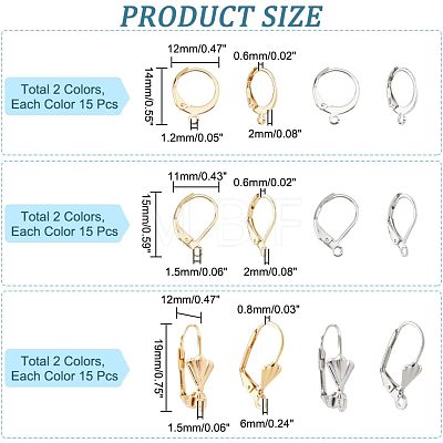  90Pcs 6 Style 304 Stainless Steel Leverback Earring Findings STAS-NB0001-60-1