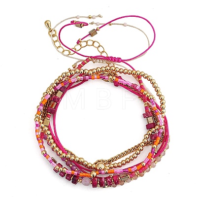 5Pcs Adjustable Nylon Round Gemstone Bead Braided Bracelet Sets NO9066-2-1
