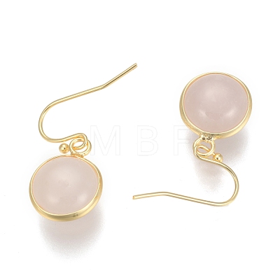 Flat Round Golden Tone Brass Natural Rose Quartz Dangle Earrings EJEW-M059-07-1