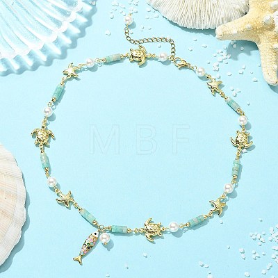 304 Stainless Steel Enamel & Shell Pearl & Natural Amazonite Pendant Necklaces NJEW-JN06621-1