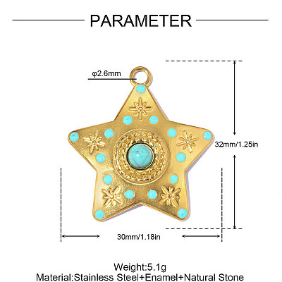 304 Stainless Steel Pave Synthetic Turquoise Pendants STAS-OY018-36G-1