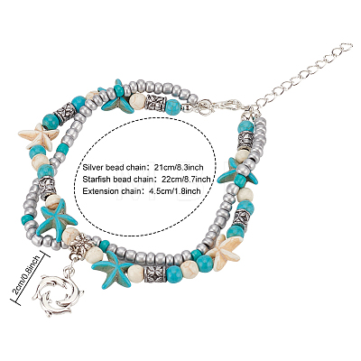 8Pcs 8 Style Synthetic Turquoise Starfish & Seed & Resin Beaded Double Layer Multi-strand Anklets Set AJEW-AN0001-03-1
