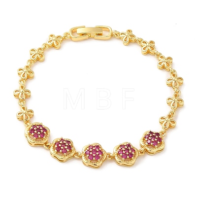 Medium Violet Red Cubic Zirconia Flower Link Bracelet BJEW-M296-03G-1