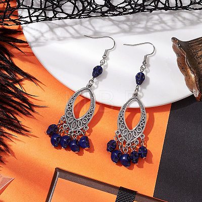 Halloween Skull Dyed Synthetic Turquoise & Alloy Dangle Earrings EJEW-JE05890-04-1