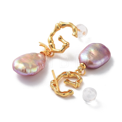 Oval Rectangle Natural Pearl Stud Earrings for Women EJEW-E303-40G-1