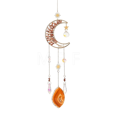 Wire Wrapped Natural Carnelian Moon with Tree of Life Pendant Decorations HJEW-K046-07G-03-1