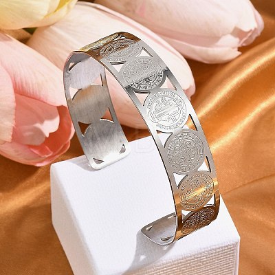 Religion Theme 304 Stainless Steel Cuff Bnagles for Women BJEW-Q011-01P-1