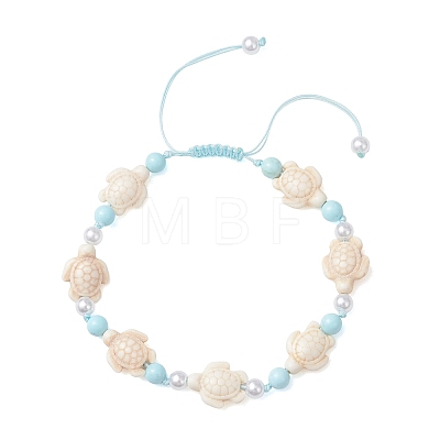 Adjustable Ocean Turtle Synthetic Turquoise & Dyed Round Natural Howlite & Imitation Pearl Braided Bead Anklets for Womem AJEW-AN00785-1