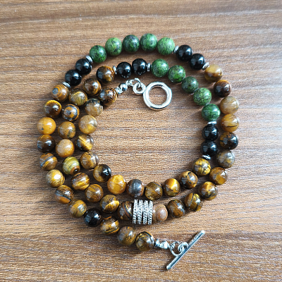 6mm Natural African Turquoise(Jasper) & Obsidian & Tiger Eye Round Beaded OT Necklaces for Men Women DT8400-4-1