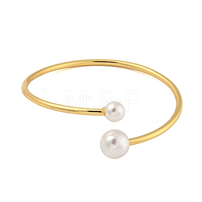 Rack Plating Brass & Round ABS Plastic Imitation Pearl Open Cuff Bangles BJEW-Q347-03G-1