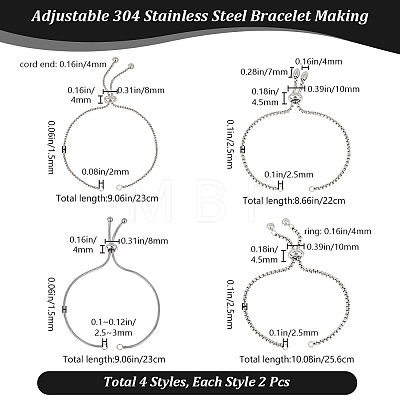 Beebeecraft 8Pcs 4 Style Adjustable 304 Stainless Steel Bracelet Making STAS-BBC0004-65-1