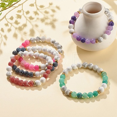 5Pcs 5 Color Natural Weathered Agate(Dyed) & Howlite Round Beaded Stretch Bracelets Set BJEW-JB08087-1