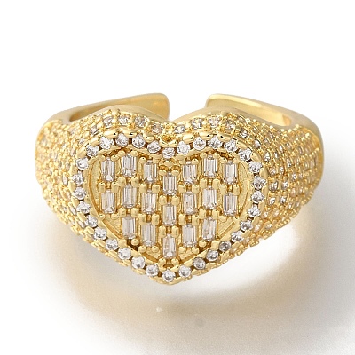 Rack Plating Heart Brass Clear Cubic Zirconia Wide Open Cuff Rings RJEW-S411-12G-01-1