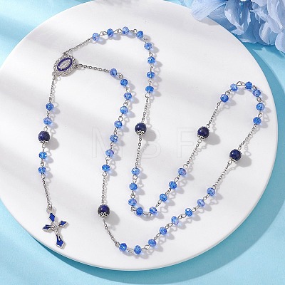 Round Natural Lapis Lazuli and Glass Rosary Bead Necklaces NJEW-JN05717-1