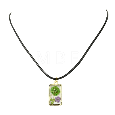 Transparent Resin Rectangle with Dried Flower Inner Pendant Black Waxed Cord Necklaces NJEW-JN06333-1