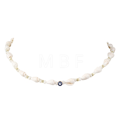 Ocean Natural Trochid Shell & Alloy Enamel Blue Evil Eye Beaded Necklaces NJEW-JN06307-1