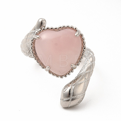Natural Rose Quartz Heart with Snake Open Cuff Ring RJEW-P082-02P-12-1