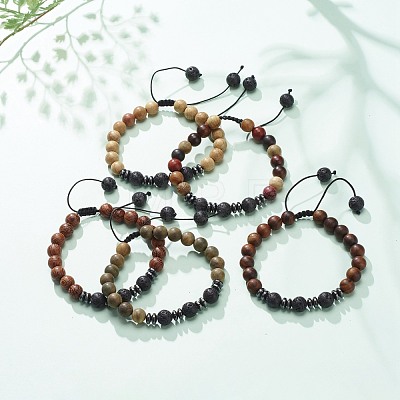 Natural Lava Rock & Wood Braided Bead Bracelet BJEW-JB08537-1