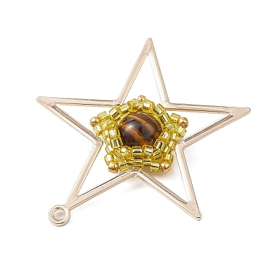 Natural Tiger Eye & Handmade Glass Seed Beaded Star Pendants PALLOY-MZ00496-02-1