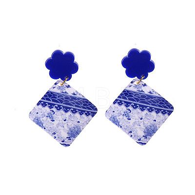 Acrylic Blue and White Porcelain Printed Dangle Stud Earrings FS-WG917E7-09-1