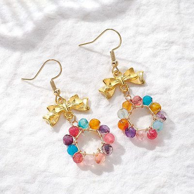 3 Pairs Bowknot with Ring Dyed & Heated Natural Agate Dangle Earrings EJEW-JE06839-1