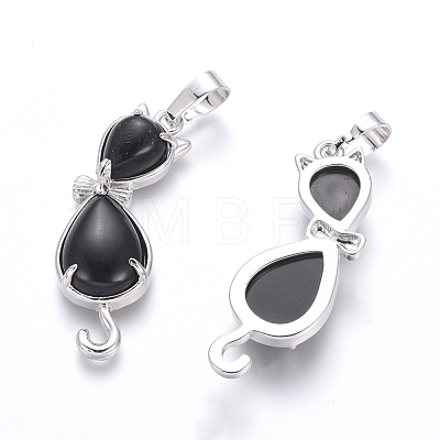 Natural Black Agate Kitten Pendants G-J386-E05-1