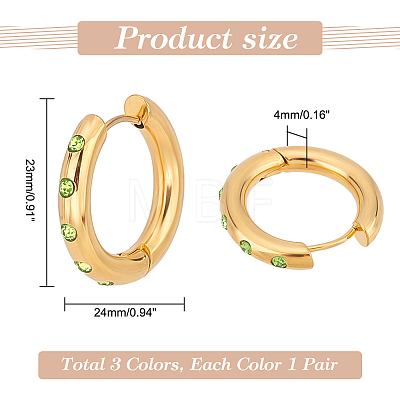   3Pairs 3 Colors Real 18K Gold Plated 304 Stainless Steel Huggie Hoop Earrings with Cubic Zirconia EJEW-PH0001-27-1