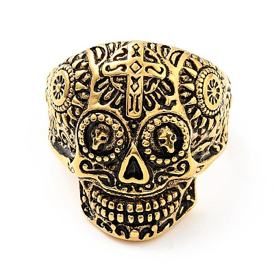 316 Stainless Steel Skull with Cross Finger Ring RJEW-C030-02G-AG-1