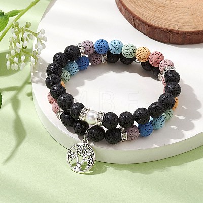 2pcs 2 Styles 8mm Round Dyed Natural Lava Rock & Shell Pearl Beaded Stretch Bracelet Sets BJEW-JB10318-1