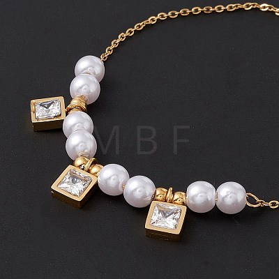 Square Cubic Zirconia Charm Bracelet with Acrylic Pearl BJEW-F396-20G-01-1