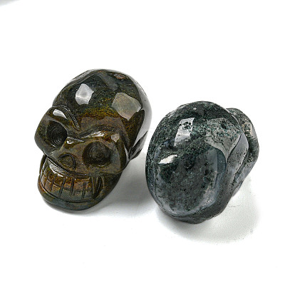 Halloween Natural Moss Agate Skull Figurines DJEW-L021-01A-1