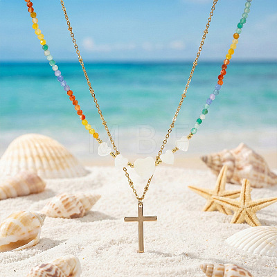 Summer Beach Rainbow Natural Stone and Heart Shell Beaded Stainless Steel Chain Double Layer Necklaces GB7102-1-1