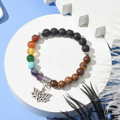 Chakra 8mm Gemstone & Wood Round Beaded Stretch Bracelets BJEW-JB10906-01-1