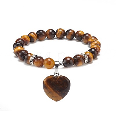 Natural Tiger Eye Round Beaded Stretch Bracelet with Heart Charm BJEW-JB09019-04-1