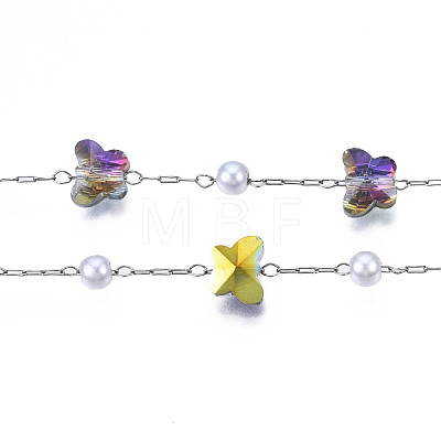 Glass Butterfly & ABS Plastic Pearl Beaded Chains CHS-N003-02-08-1
