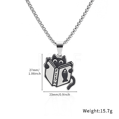 201 Stainless Steel Enamel Black Cat Shape with Book Pendant Necklaces FS-WG449EB-02-1