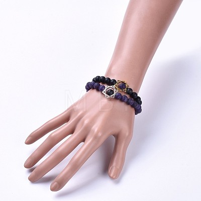 Natural Black Agate(Dyed) Bead and Natural Amethyst Bead Stretch Bracelet Sets BJEW-JB04298-05-1