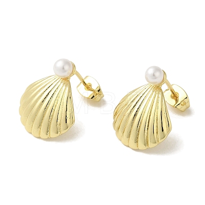 Rack Plating Brass & Round Glass Pearl Beach Shell Shaped Stud Earrings for Women EJEW-P280-28G-1